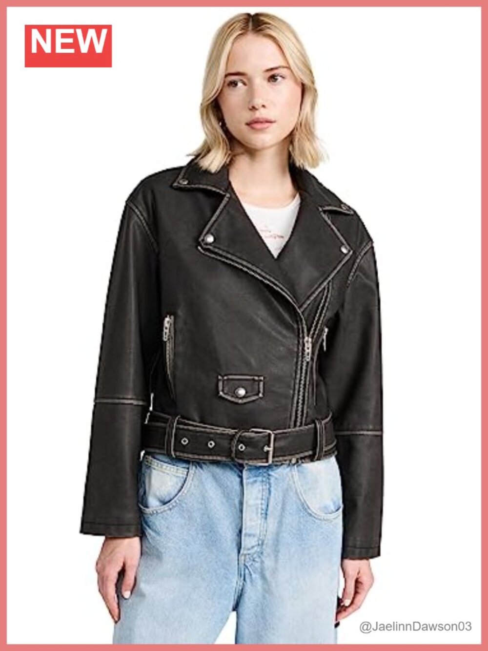 Vegan Leather Moto Jacket with Belt Notched Lapels Zip Front Pockets